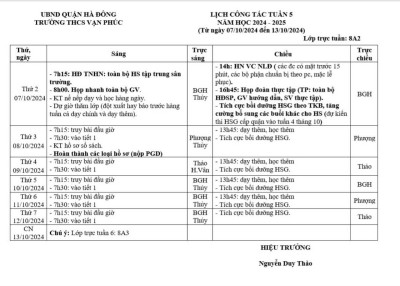 LỊCH CÔNG TÁC TUẦN 5 ( Từ ngày 07/10/2024 đến 13/10/2024) NĂM HỌC 2024- 2025.