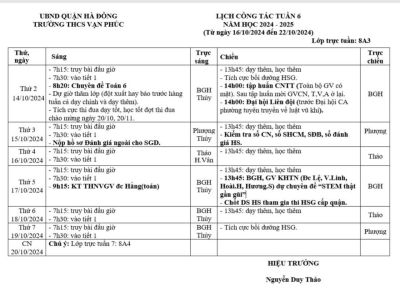 LỊCH CÔNG TÁC TUẦN 6 NAM HỌC 2024- 2025